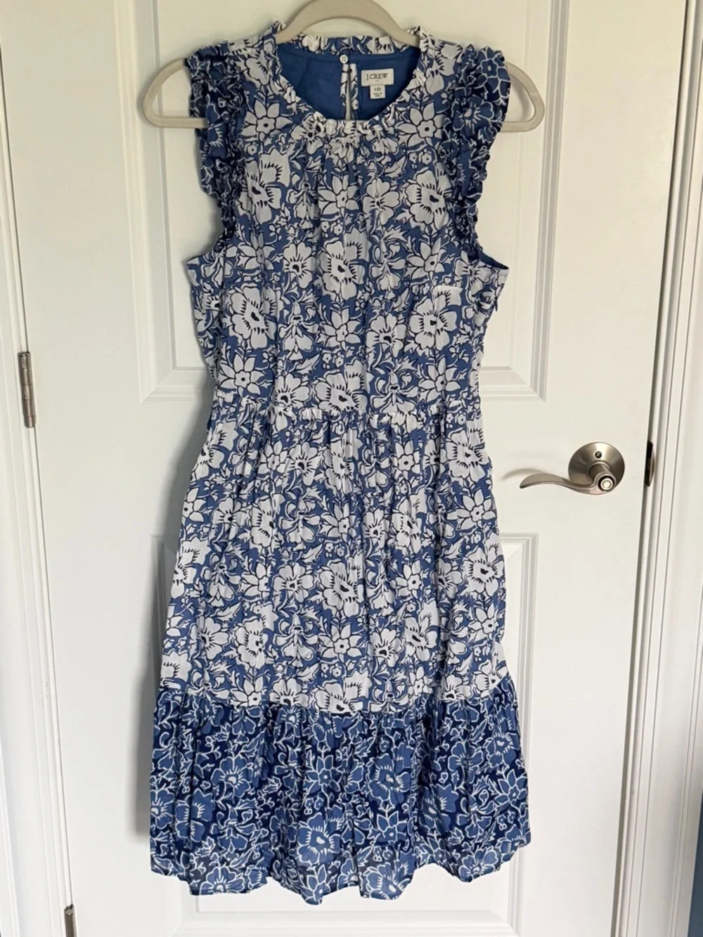 J.Crew Blue & White Ruffle-Sleeve Tiered Cotton Midi Dress Size 10 54953